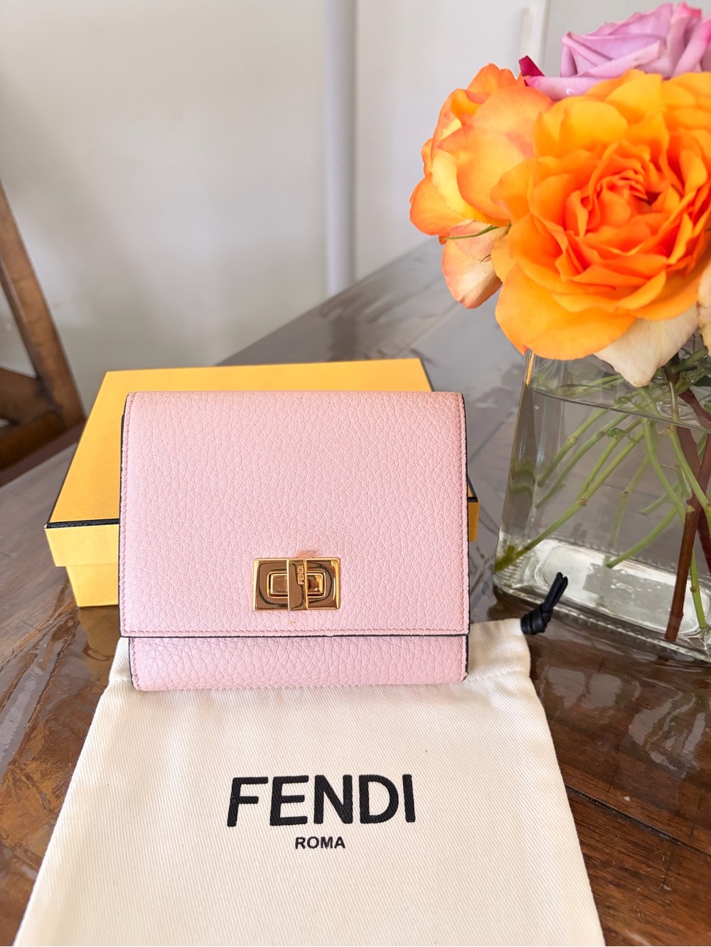 Fendi Light Pink Pebbled Leather Compact Wallet with Gold Turnlock